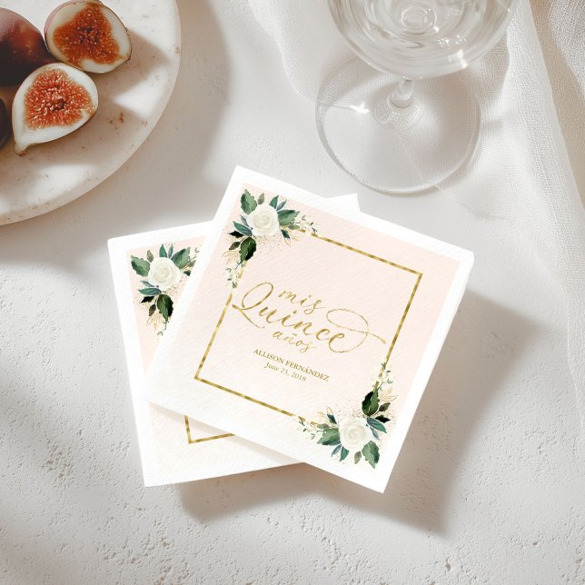 Quinceanera Rosa Guld Folie Blommiga Servetter (Skapare uppladdad)