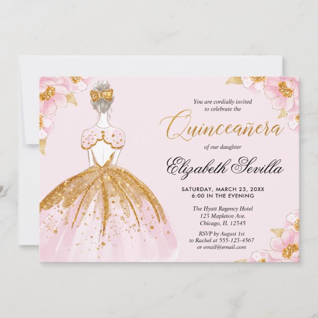 Quinceanera rosa guld glitter inbjudningar (Framsida)