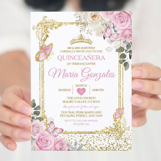 Quinceañera Rosa & Guld Krona Mexikanska fjäril Inbjudningar (Skapare uppladdad)