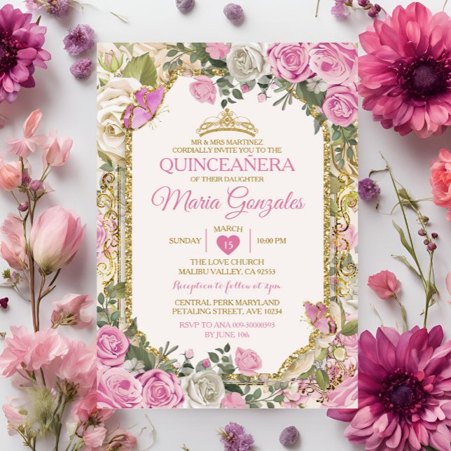 Quinceañera Rosa & Guld Krona Mexikanska fjäril Inbjudningar (Skapare uppladdad)