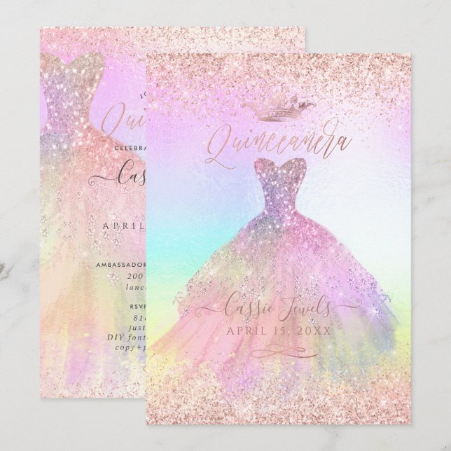 Quinceanera Rosa Guld Rosa Prinsessa Krona Inbjudningar (Fram/baksida)