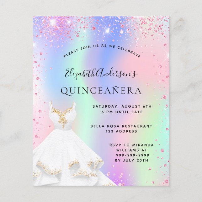 Quinceanera rosa holografisk klänning inbjudan (Framsida)
