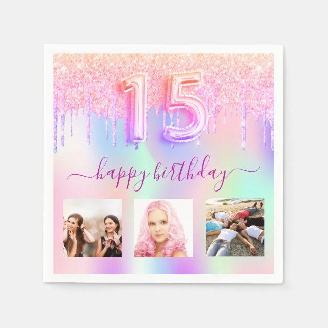 Quinceanera-rosa-holografiska droppar pappersservett (Framsidan)