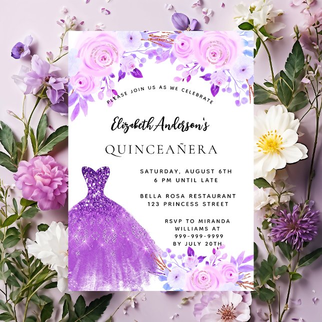 Quinceanera rosa lila blommor dress-inbjudan (Skapare uppladdad)