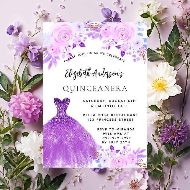 Quinceanera rosa lila blommor dress inbjudningar (Skapare uppladdad)