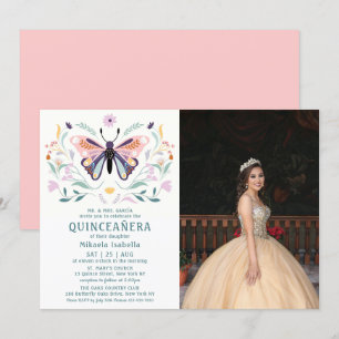 Quinceañera Rosa Lila Butterfly Photo Blommigt Inbjudningar