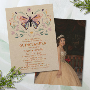 Quinceañera Rosa Lila Butterfly Photo Blommigt Inbjudningar