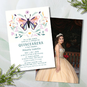 Quinceañera Rosa Lila Butterfly Photo Blommigt Inbjudningar