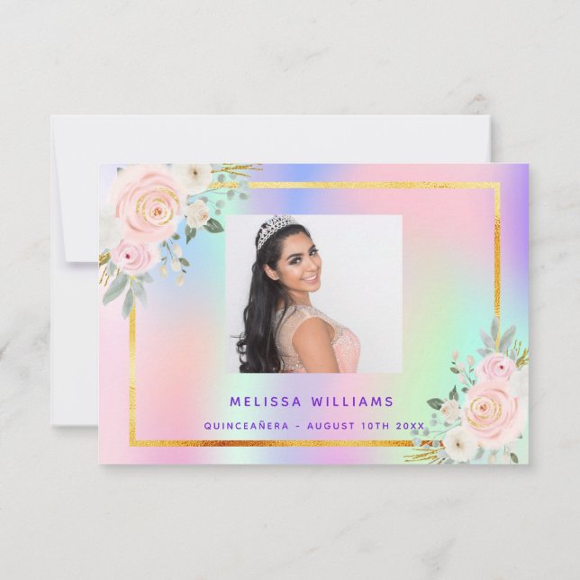 Quinceanera rosa lila  fotoregnbåge blommigt tack kort (Baksida)