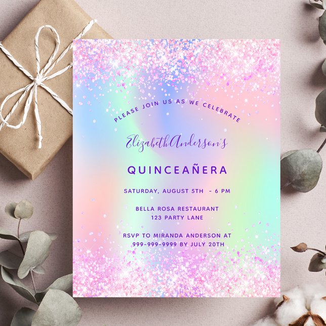 Quinceanera rosa lila glitter budgetinbjudan flygblad (Skapare uppladdad)