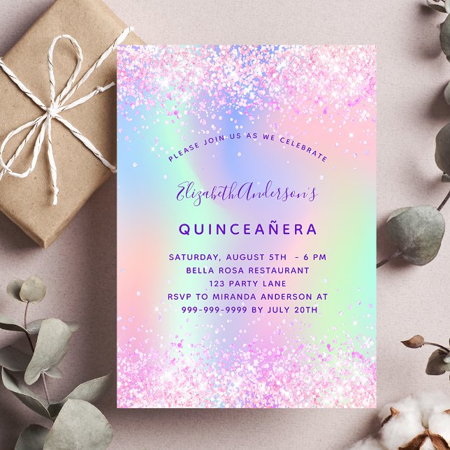 Quinceanera rosa lila glitter holografi inbjudningar (Skapare uppladdad)