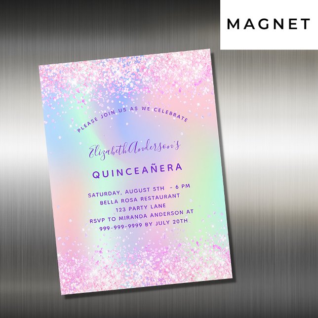 Quinceanera rosa lila holografisk lyx magnetisk inbjudningskort (Skapare uppladdad)