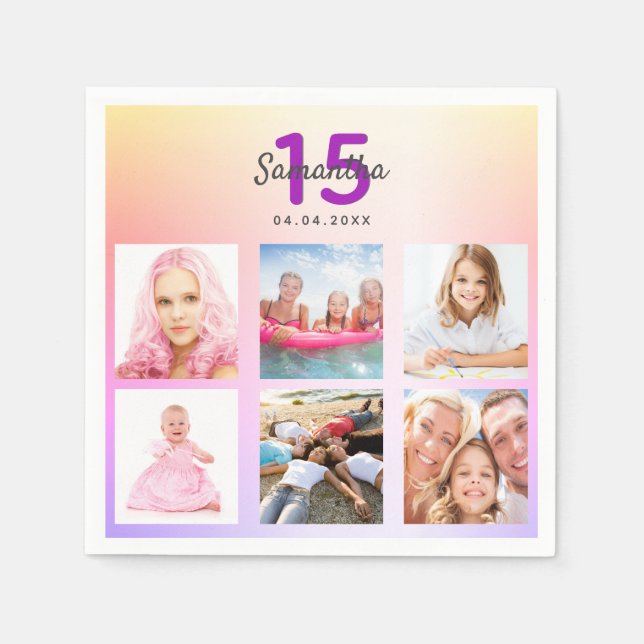 Quinceanera rosa lila ro guld namn pappersservett (Framsidan)