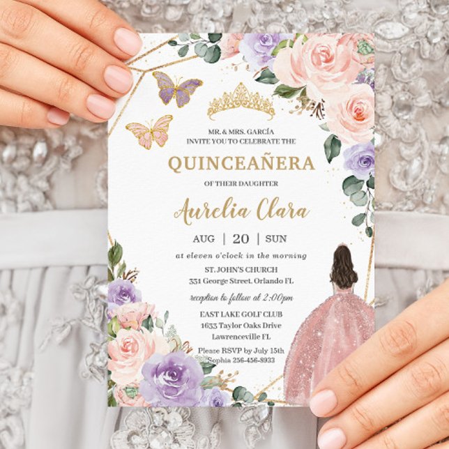 Quinceañera  Rosa Lilac Lila Blommigt 16 Inbjudningar (Skapare uppladdad)