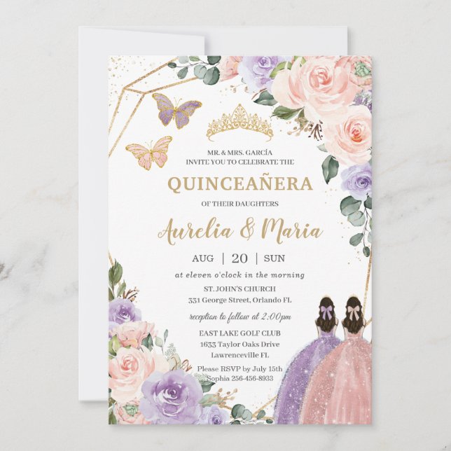 Quinceañera  Rosa Lilac Lila Blommigt Twillingar Inbjudningar (Framsida)