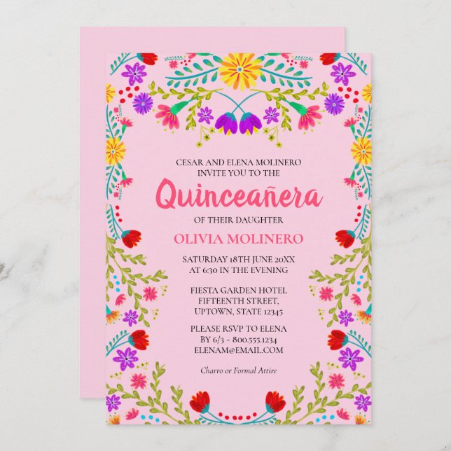 Quinceanera Rosa Mexikansk Blommigt 15:e födelseda Inbjudningar (Fram/baksida)