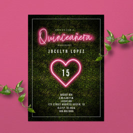 Quinceañera Rosa Neon Ljus Boxwood Heart Inbjudningar
