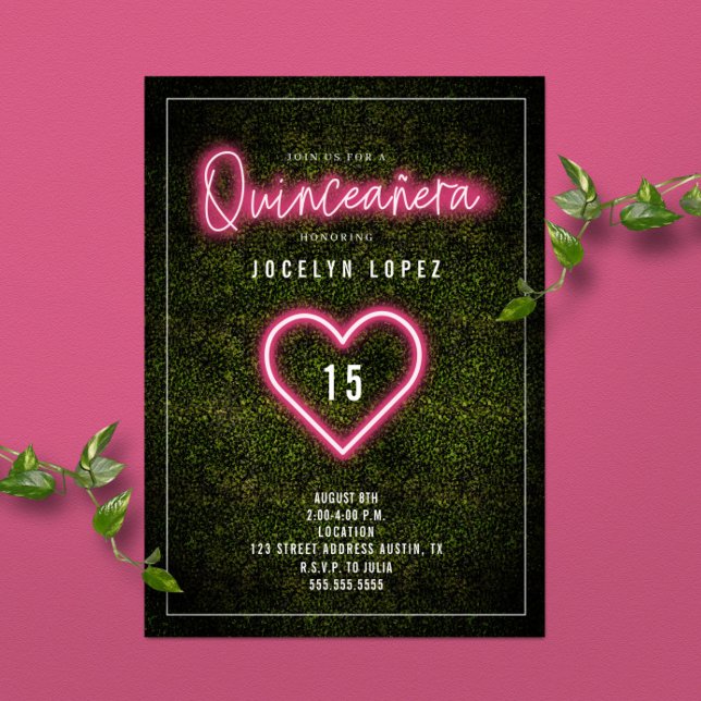Quinceañera Rosa Neon Ljus Boxwood Heart Inbjudningar (Skapare uppladdad)