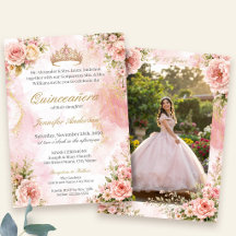 Quinceañera Rosa och Guld Blommig med Foto