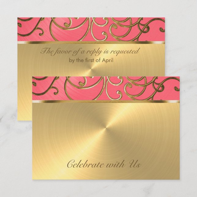 Quinceanera Rosa och Guld Filigree Swirls Inbjudningar (Fram/baksida)