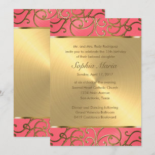 Quinceanera Rosa och Guld Filigree Swirls Inbjudningar