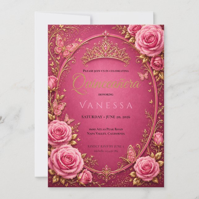 Quinceanera Rosa och Guld Inbjudan (Framsida)