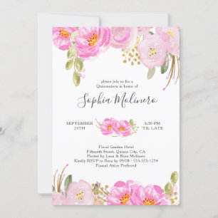 Quinceanera Rosa och Guld Watercolor Blommigt Inbjudningar