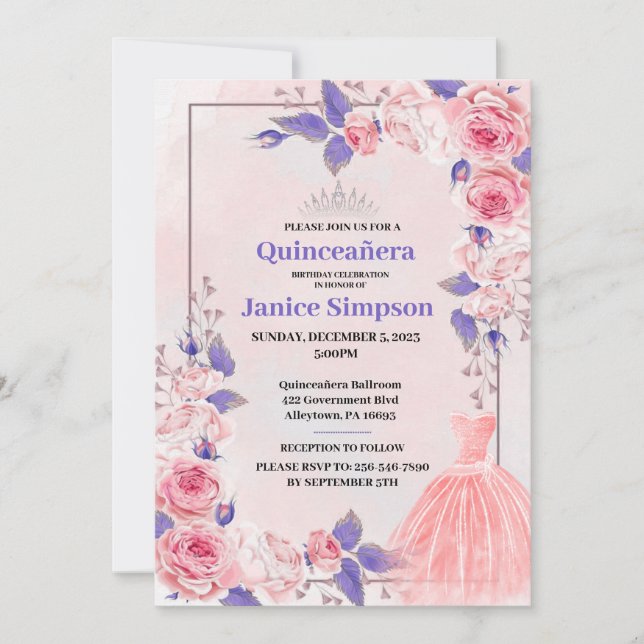 Quinceañera rosa och lila ro inbjudan (Framsida)