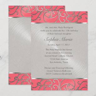 Quinceanera Rosa och Silver Filigree Swirls Inbjudningar