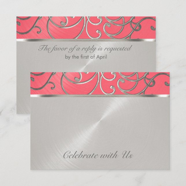 Quinceanera Rosa och Silver Filigree Swirls Inbjudningar (Fram/baksida)