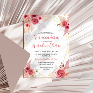 Quinceañera Rosa Pampas Grass Blommigt Inbjudningar