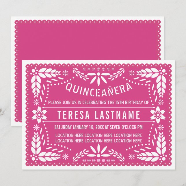 Quinceañera rosa papel picado inbjudningar (Fram/baksida)
