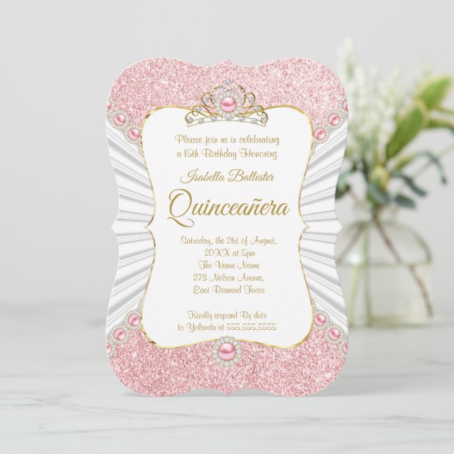 Quinceanera Rosa Pärlor Guld tiara födelsedagsfira Inbjudningar (Stående Fram)