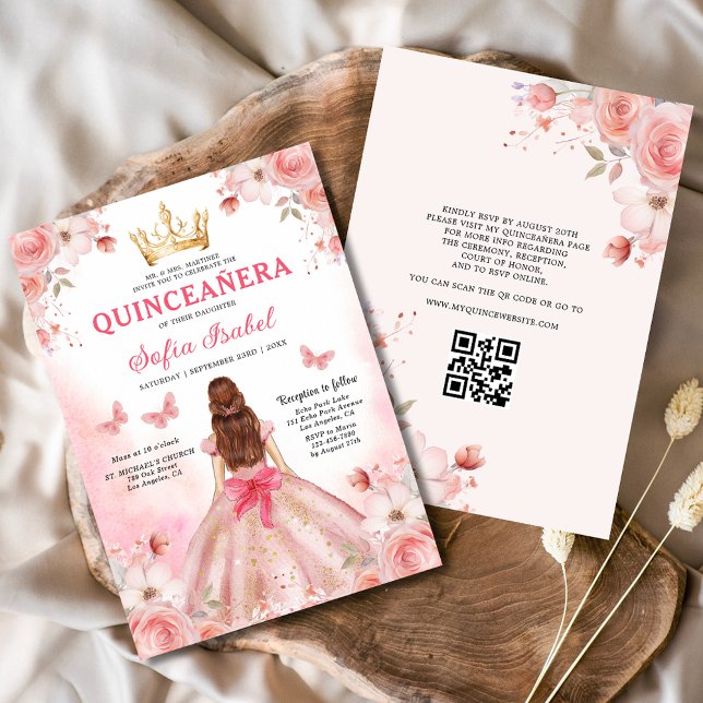Quinceañera  Rosa QR-kodens Blommigt Inbjudningar (Skapare uppladdad)