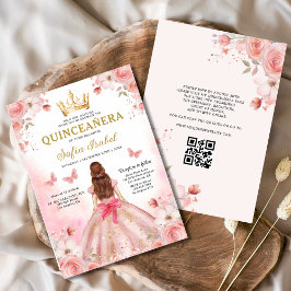 Quinceañera  Rosa QR-kodens Blommigt Inbjudningar