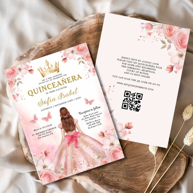 Quinceañera  Rosa QR-kodens Blommigt Inbjudningar (Skapare uppladdad)