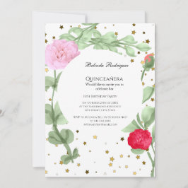 Quinceañera Rosa Red Flowers guld stars greenery Inbjudningar