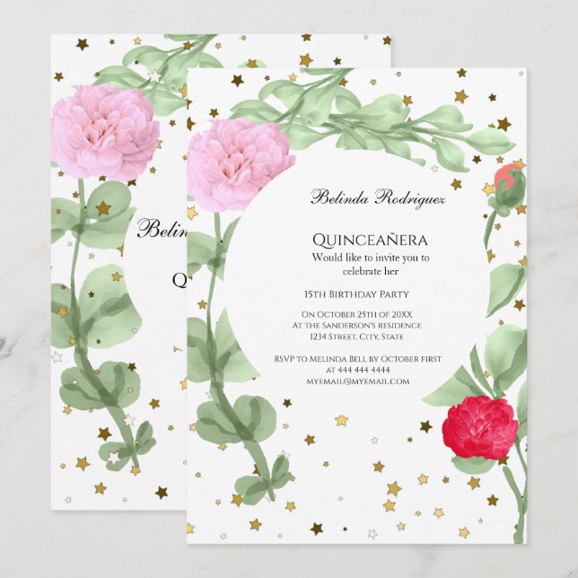 Quinceañera Rosa Red Flowers guld stars greenery Inbjudningar (Fram/baksida)