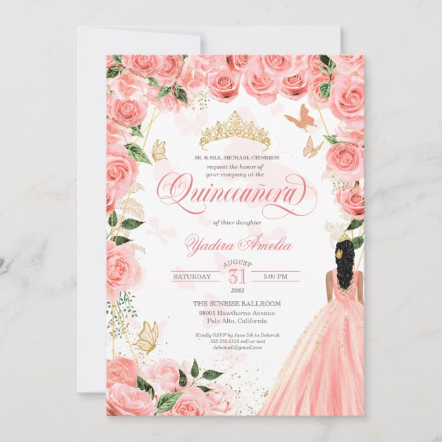 Quinceanera Rosa  Ro Elegant Butterfly Inbjudningar (Framsida)