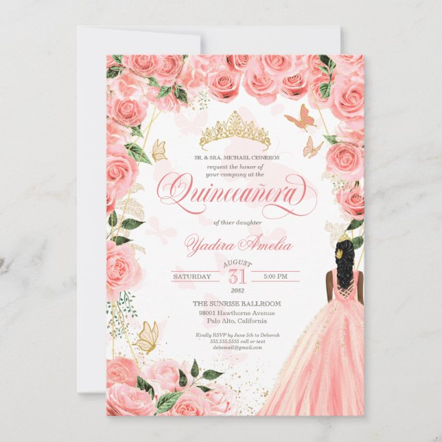Quinceanera Rosa  Ro Elegant Butterfly Inv. Inbjudningar (Framsida)