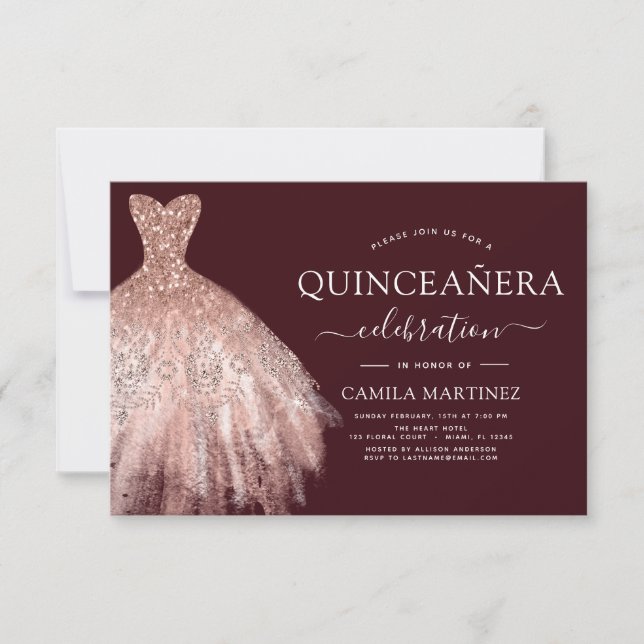Quinceanera  Rosa - Ro Guld Burgundy Inbjudningar (Framsida)