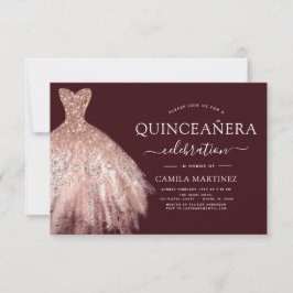 Quinceanera Rosa - Ro Guld Burgundy Inbjudningar
