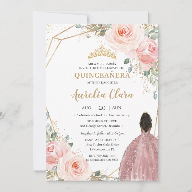 Quinceañera  Rosa ros Blommigt Brown Princess Inbjudningar (Framsida)
