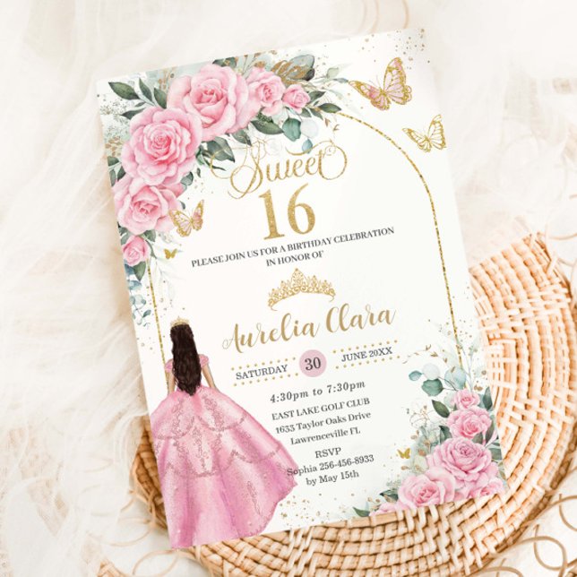 Quinceañera Rosa ros Blommigt Brunette Girl Guld Inbjudningar (Skapare uppladdad)