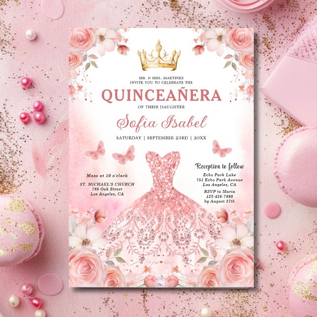 Quinceañera  Rosa ros Blommigt Butterfly Inbjudningar (Skapare uppladdad)