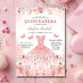 Quinceañera  Rosa ros Blommigt Butterfly Inbjudningar