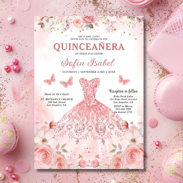 Quinceañera  Rosa ros Blommigt Butterfly Inbjudningar (Skapare uppladdad)