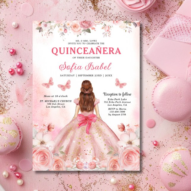 Quinceañera  Rosa ros Blommigt Butterfly Inbjudningar (Skapare uppladdad)
