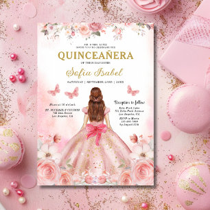 Quinceañera Rosa ros Blommigt Butterfly Inbjudningar