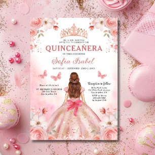 Quinceañera Rosa ros Blommigt Butterfly Inbjudningar